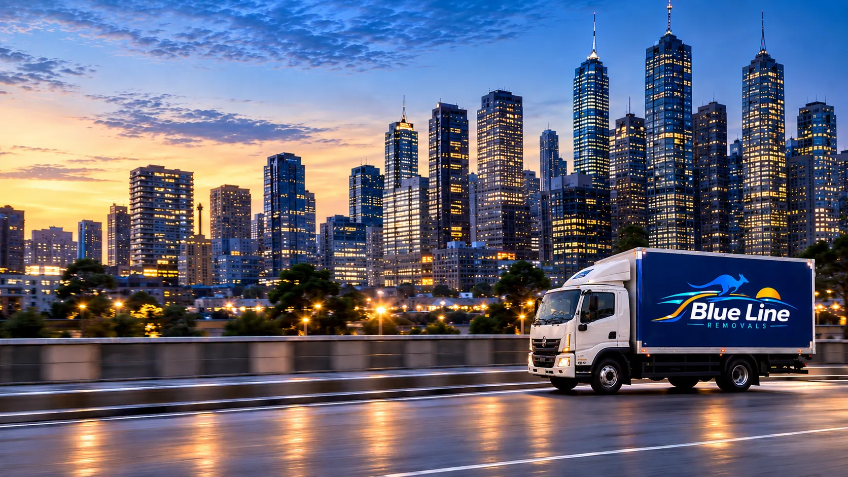 Blue Line Removals branded truck driving through the city at dusk