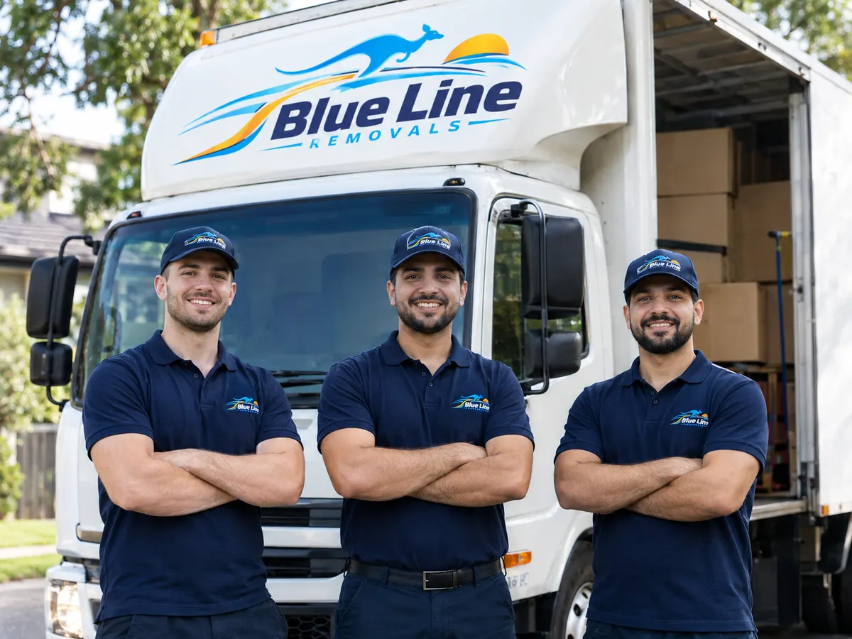 The Blue Line Removals crew standing in front of their branded truck